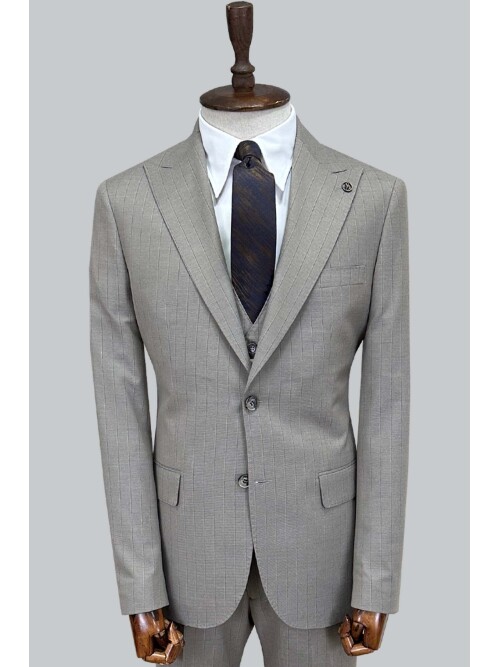 SUIT SARTORIA BEJ ÇİZGİLİ YELEKLİ TAKIM ELBİSE 2000/48