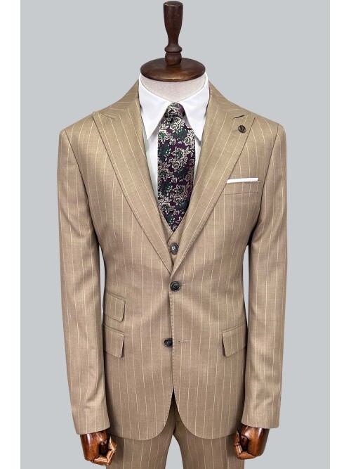 SUIT SARTORIA ÇİZGİLİ BEJ YELEKLİ TAKIM ELBİSE 2895