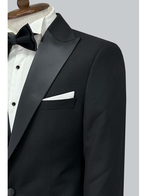 SUIT SARTORIA SİYAH SATEN SİVRİ YAKA DAMATLIK 5037