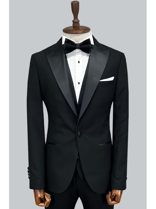 SUIT SARTORIA SİYAH SATEN SİVRİ YAKA DAMATLIK 5037