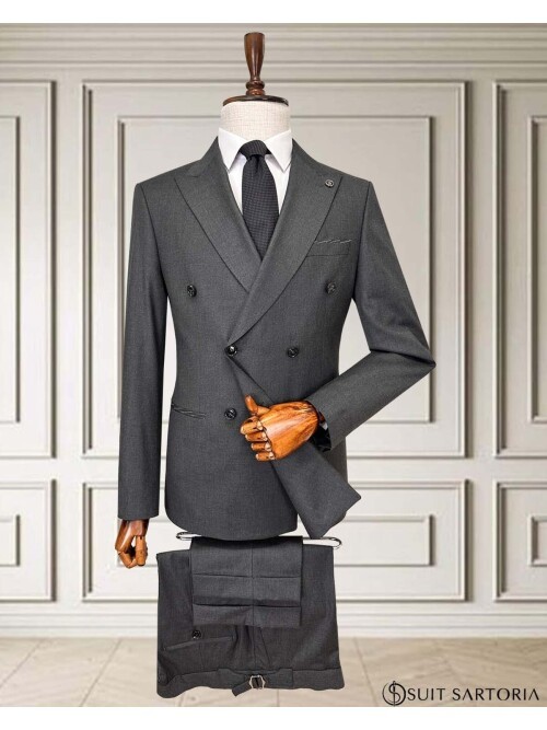 Dark Grey Peak Lapel Double-Breasted Suit with Pick Stitching