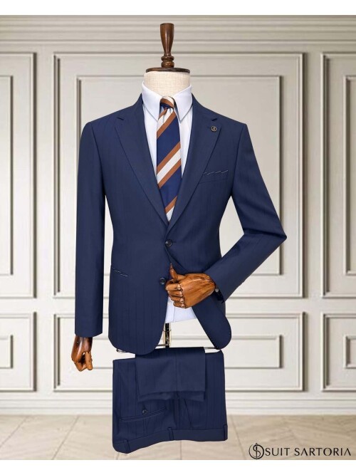 Navy Blue Pinstripe Two-Button Suit - Notch Lapel with Pick Stitching Detail