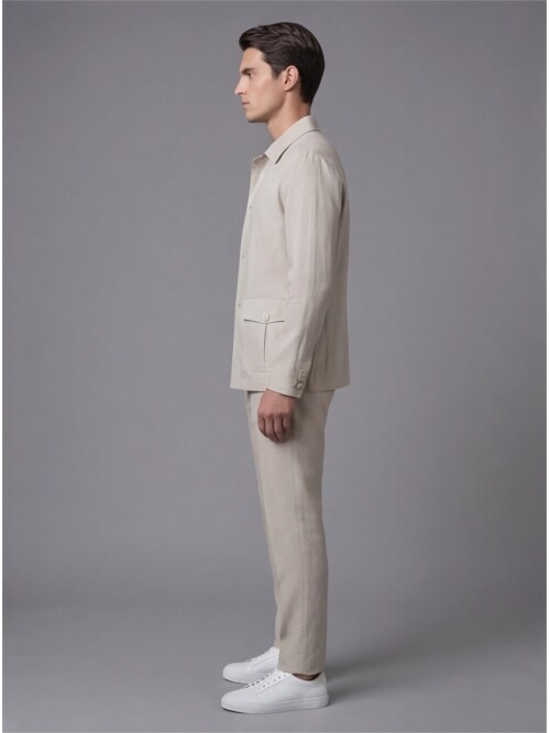 Light Beige Shirt Collar Buttoned Patch Pocket Suit