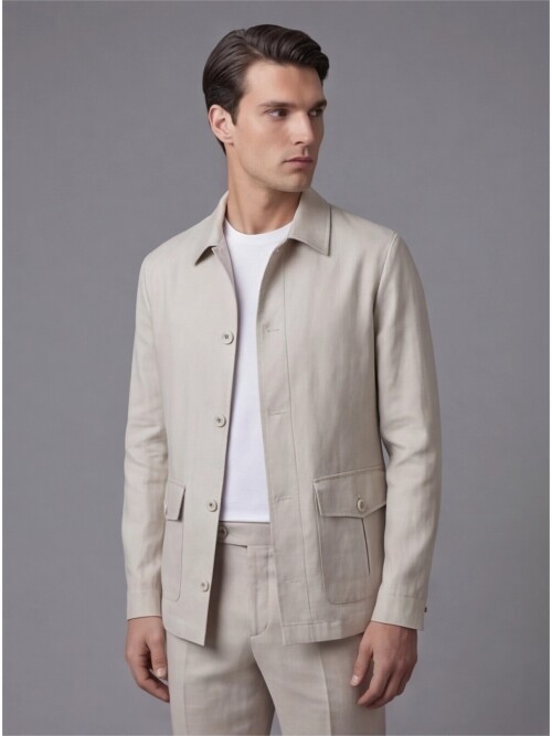 Light Beige Shirt Collar Buttoned Patch Pocket Suit