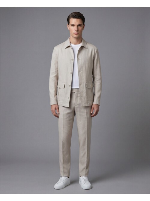 Light Beige Shirt Collar Buttoned Patch Pocket Suit