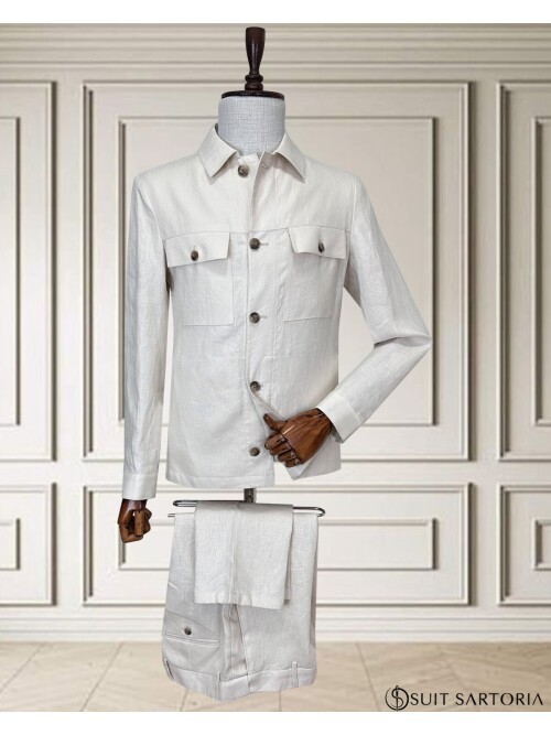 Açık Bej Keten Safari Takım Elbise