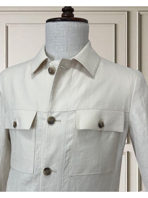 Açık Bej Keten Safari Takım Elbise