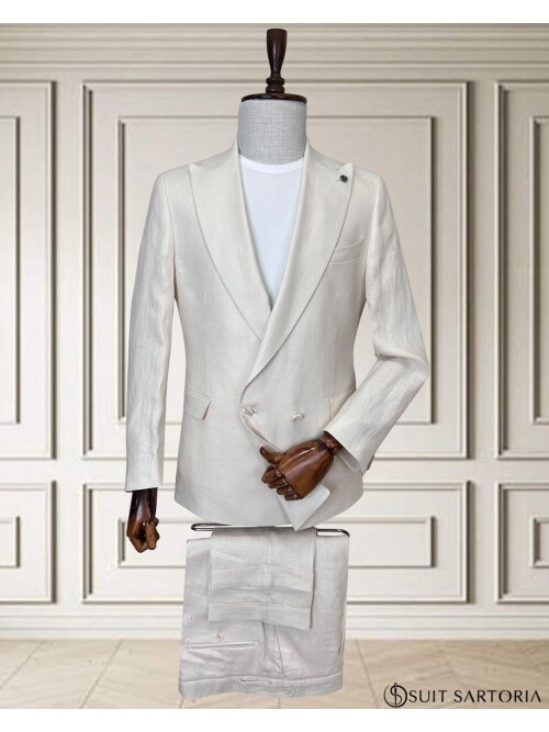 Açık Bej Sivri Yaka 2 Düğme Keten Takım Elbise