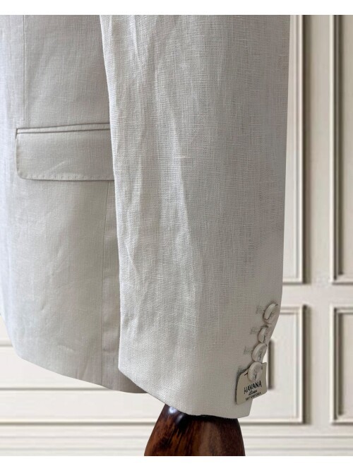 Açık Bej Sivri Yaka 2 Düğme Keten Takım Elbise