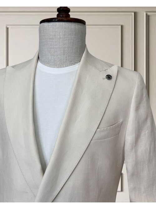 Açık Bej Sivri Yaka 2 Düğme Keten Takım Elbise