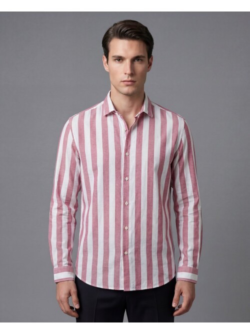 Açık Bordo Çizgili Regular Fit Uzun Kollu Gömlek