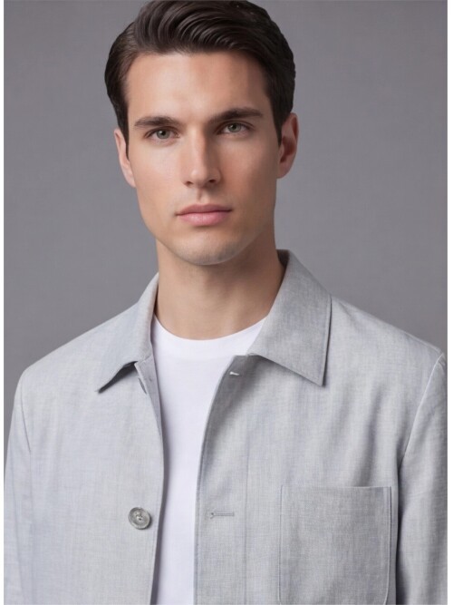 Açık Gri Gömlek Yaka Düğmeli Torba Cepli Takım