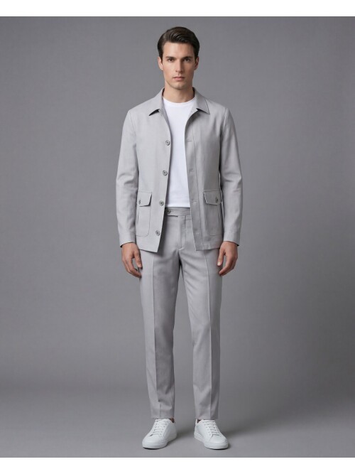 Açık Gri Gömlek Yaka Düğmeli Torba Cepli Takım