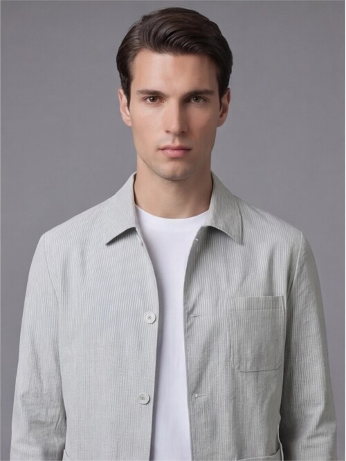 Açık Gri Gömlek Yaka Düğmeli Torba Cepli Takım