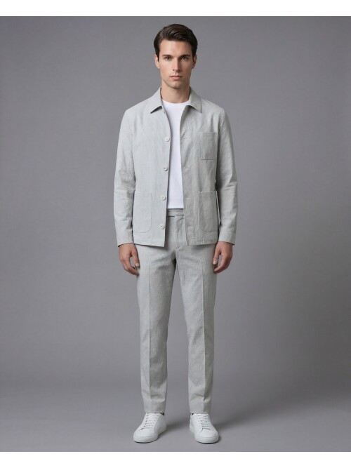 Açık Gri Gömlek Yaka Düğmeli Torba Cepli Takım