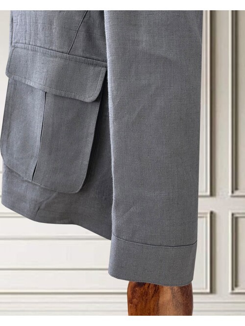 Açık Gri Keten Safari Model Dört Cepli Takım Elbise