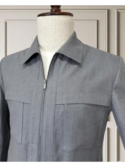 Açık Gri Keten Safari Takım Elbise