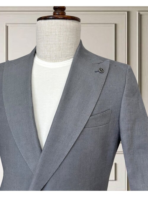 Açık Gri Sivri Yaka 2 Düğme Keten Takım Elbise