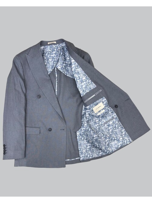 Açık Gri Sivri Yaka 4 Düğme Keten Takım Elbise