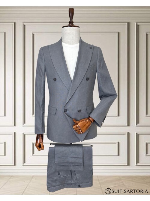 Açık Gri Sivri Yaka 4 Düğme Keten Takım Elbise