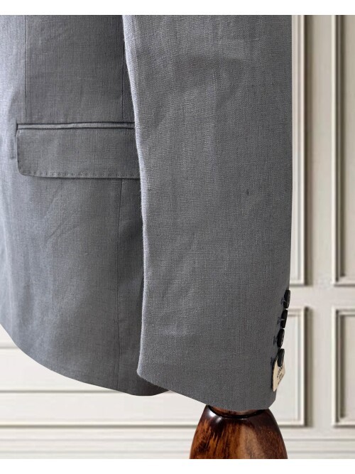 Açık Gri Sivri Yaka 4 Düğme Keten Takım Elbise