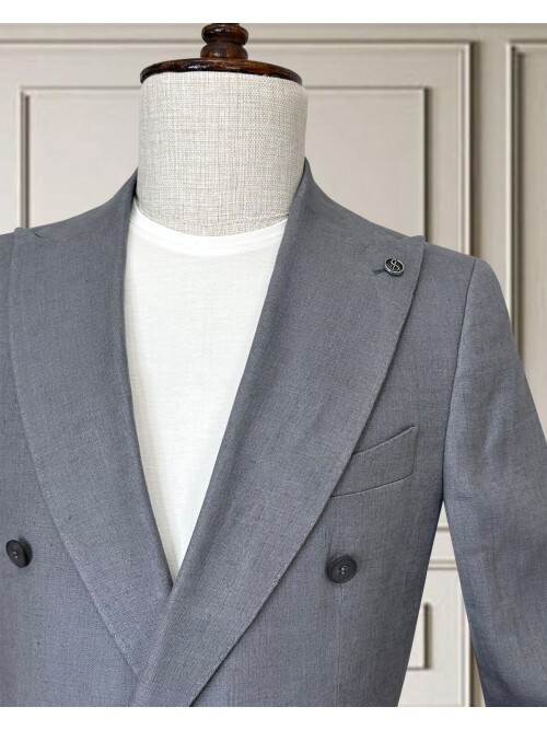 Açık Gri Sivri Yaka 4 Düğme Keten Takım Elbise