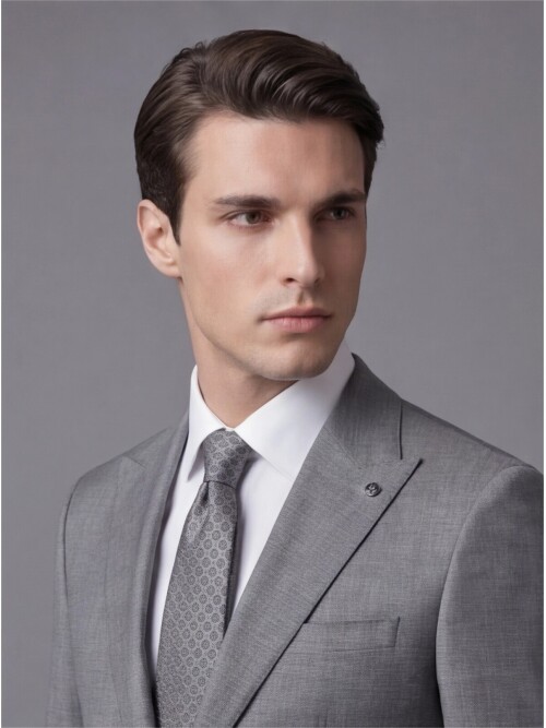 Açık Gri Sivri Yaka İki Düğmeli Slim Fit Takım Elbise