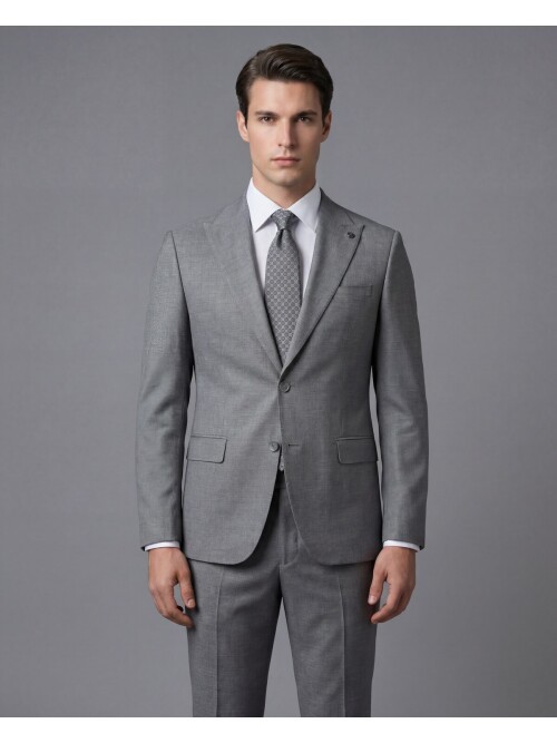 Açık Gri Sivri Yaka İki Düğmeli Slim Fit Takım Elbise