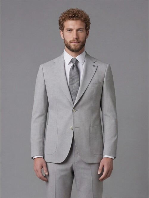 Light Grey Slim Fit Notch Lapel Suit with Patch Pockets