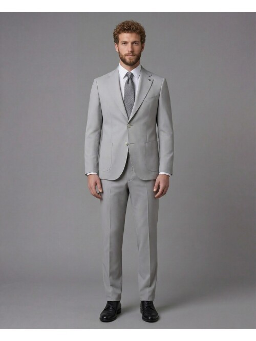 Light Grey Slim Fit Notch Lapel Suit with Patch Pockets