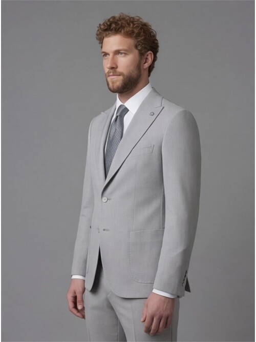 Light Grey Slim Fit Peak Lapel Patch Pocket Mens Suit