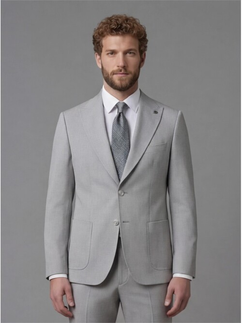 Light Grey Slim Fit Peak Lapel Patch Pocket Mens Suit