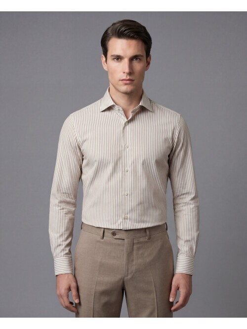 Açık Kahverengi Çizgili Slim Fit Uzun Kollu Klasik Yaka Erkek Gömlek