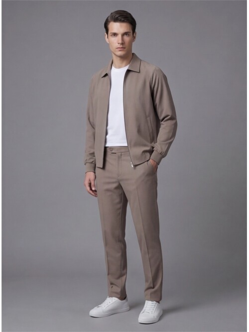 Açık Kahverengi Fermuarlı Gömlek Yaka Spor Takım