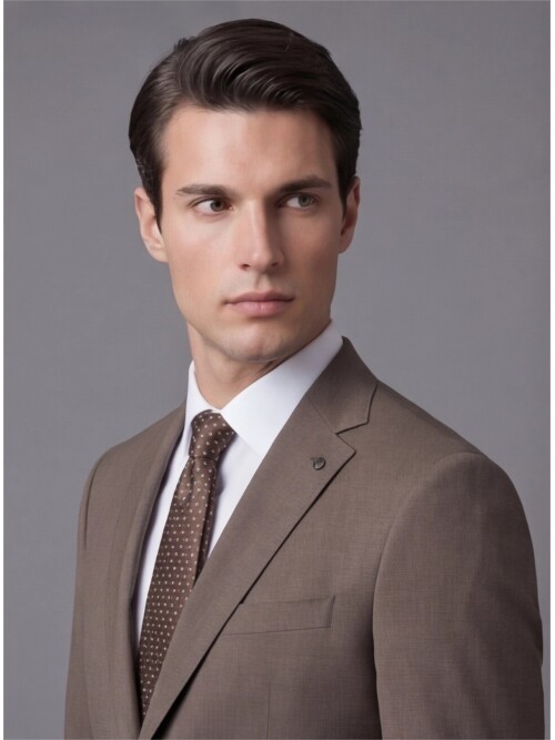 Açık Kahverengi Mono Yaka İki Düğmeli Takım Elbise