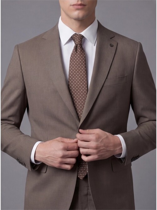 Açık Kahverengi Mono Yaka İki Düğmeli Takım Elbise