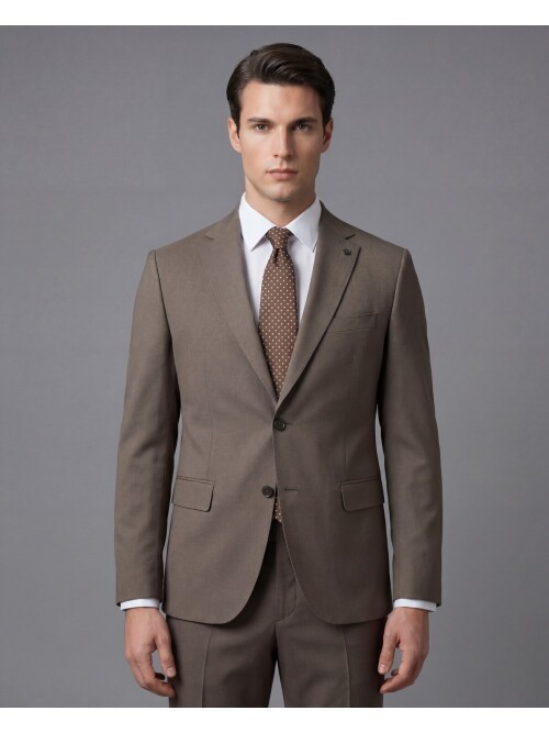 Açık Kahverengi Mono Yaka İki Düğmeli Takım Elbise