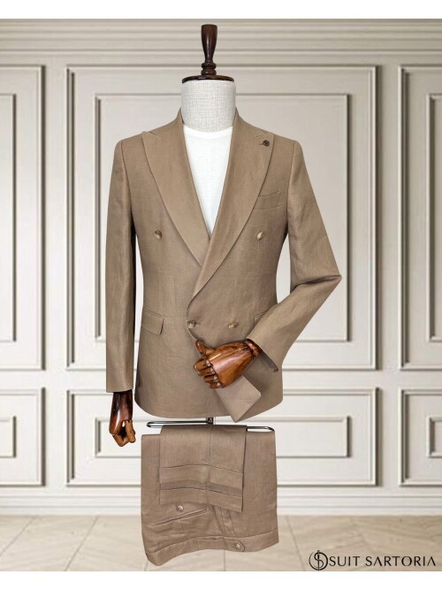 Açık Kahverengi Sivri Yaka 4 Düğme Keten Takım Elbise