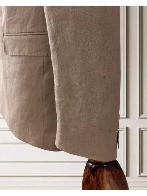 Açık Kahverengi Sivri Yaka 4 Düğme Keten Takım Elbise