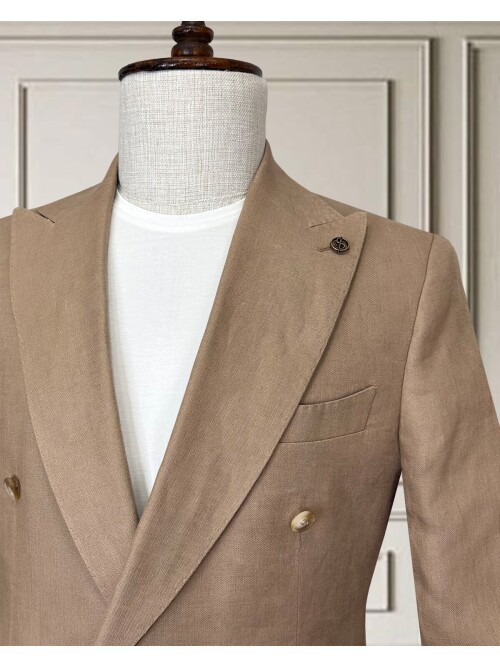 Açık Kahverengi Sivri Yaka 4 Düğme Keten Takım Elbise