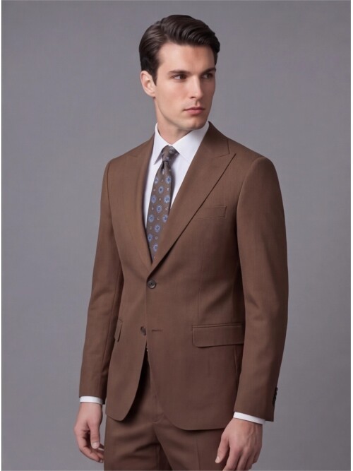 Açık Kahverengi Sivri Yaka İki Düğmeli Slim Fit Takım Elbise