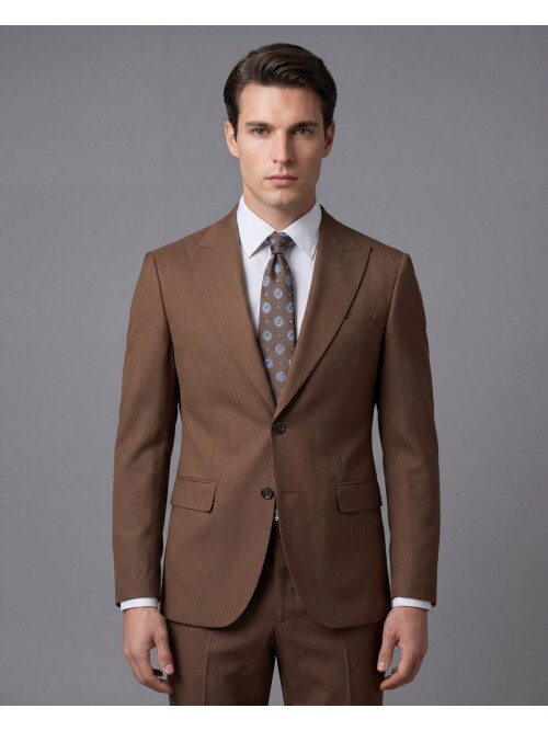 Açık Kahverengi Sivri Yaka İki Düğmeli Slim Fit Takım Elbise