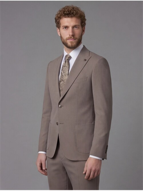 Light Brown Slim Fit Peak Lapel Patch Pocket Mens Suit