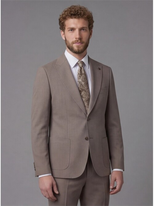 Light Brown Slim Fit Peak Lapel Patch Pocket Mens Suit