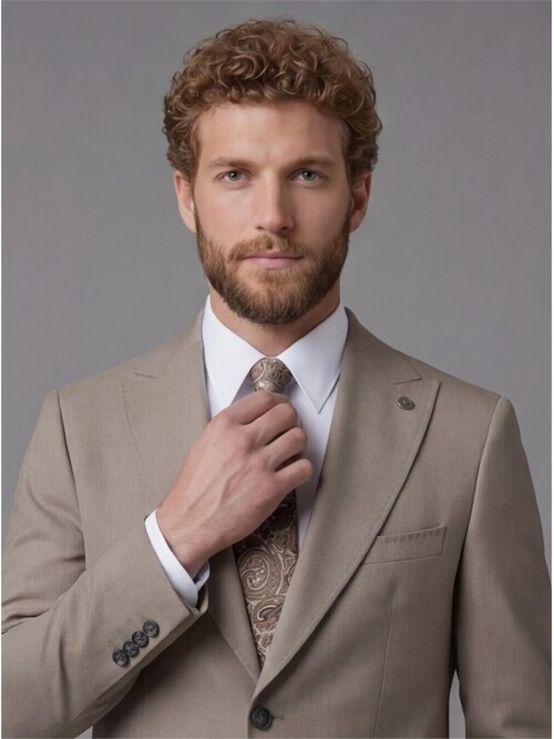 Light Brown Slim Fit Peak Lapel Patch Pocket Mens Suit