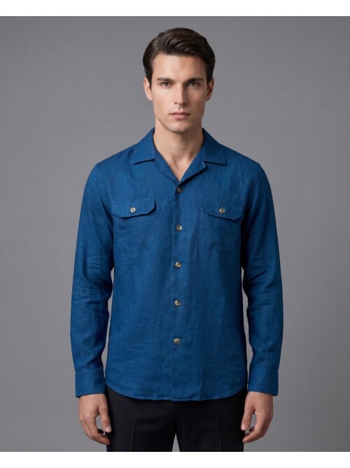 Açık Lacivert Keten Kapaklı Cep Regular Fit Uzun Kollu Gömlek