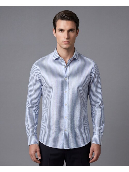 Açık Mavi Çizgili Regular Fit Uzun Kollu Gömlek