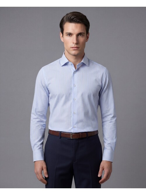 Açık Mavi Çizgili Slim Fit Uzun Kollu Klasik Yaka Erkek Gömlek