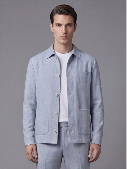 Açık Mavi Gömlek Yaka Düğmeli Torba Cepli Takım