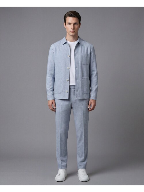 Açık Mavi Gömlek Yaka Düğmeli Torba Cepli Takım